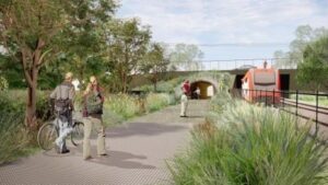 Visualisierter grüner Korridor mit Rad- und Fußweg neben einer Bahntrasse