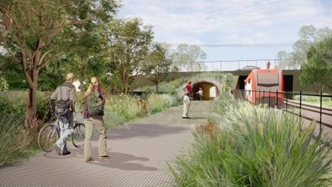 Visualisierter grüner Korridor mit Rad- und Fußweg neben einer Bahntrasse